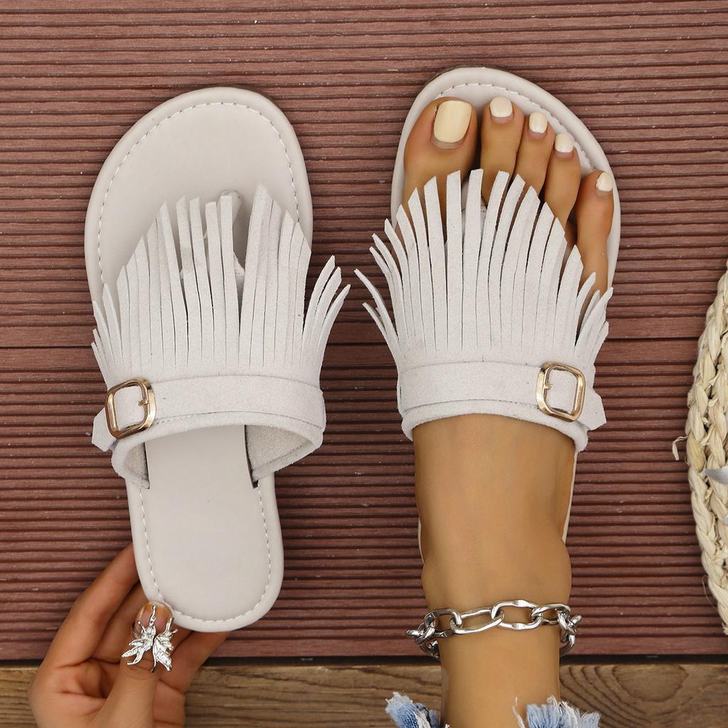 Fashion Large Size Flat Bottom Clip Toe Slippers Women 2025 New Tassel Belt Buckle Decoration Outer Wear Beach Slippers Casual Shoes