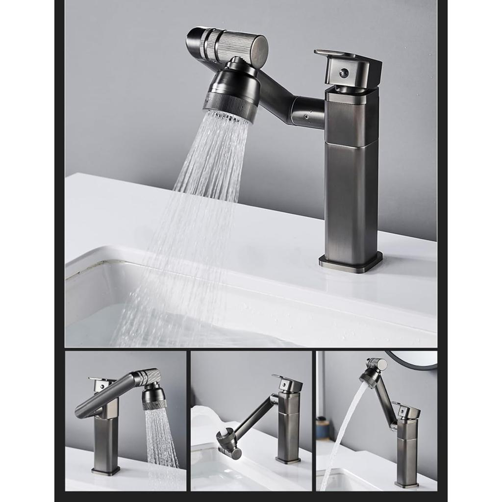 Bathroom Basin Mixer Tap Grey Single Handle 360° Rotation Brass Rotating Bathroom Sink Taps Bathroom Faucet, Low (Grey Low)