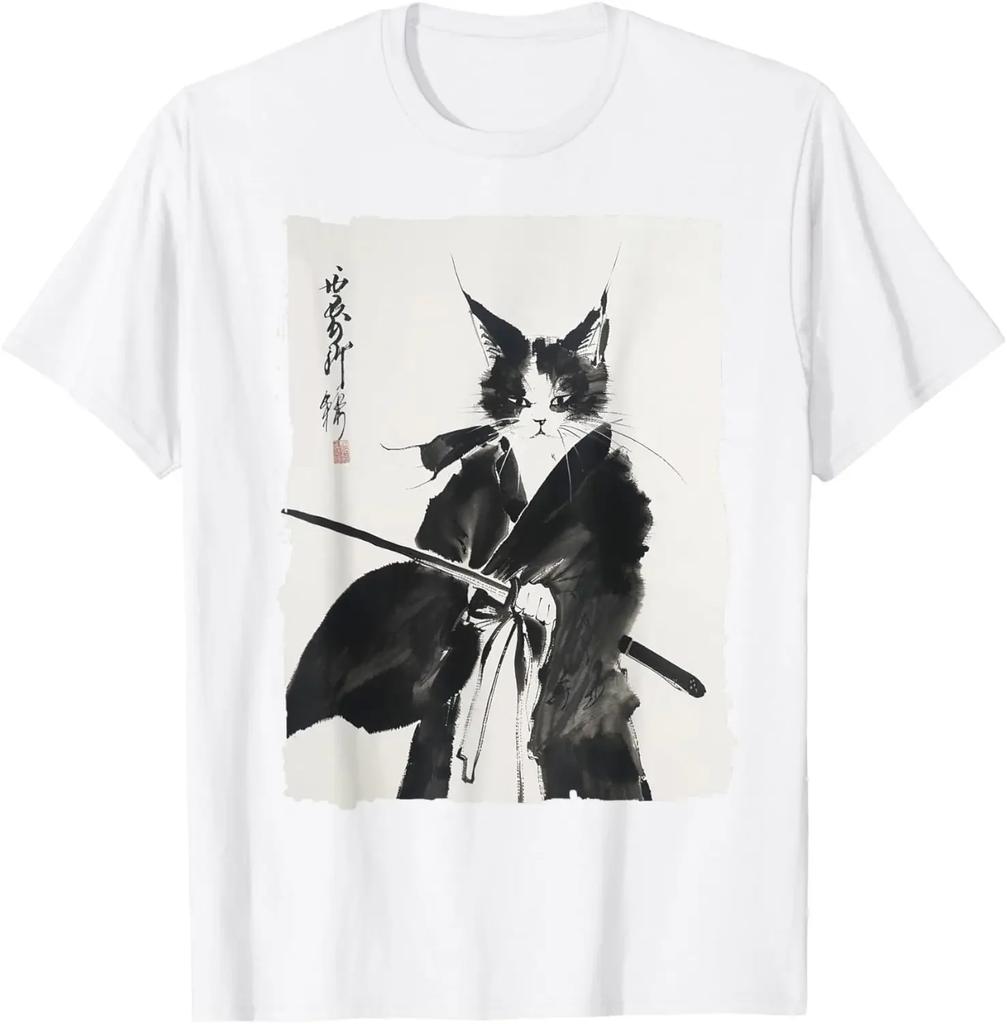 2025 Men's Samurai Cat Art Pattern Harajuku Print 100% Pure Cotton short-sleeved T-shirt Y2k Comfortable Loose top