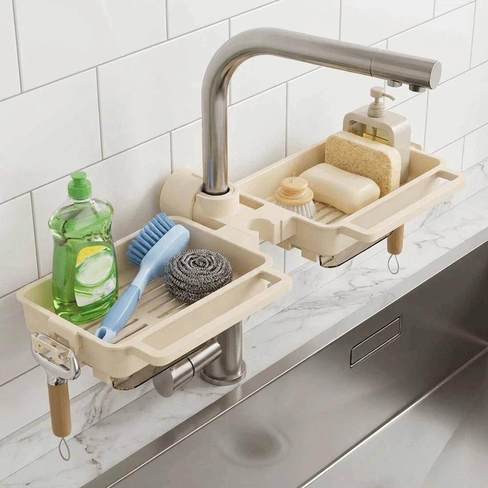 Plastic Sink Drain Rack Hanging Large Capacity Sink Faucet Organizer Adjustable Space Saving Soap Drainer Bathroom