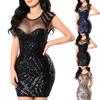 Sexy Women Short Sleeve O Neck Sequins See Through Cocktail Bodycon Mini Dress