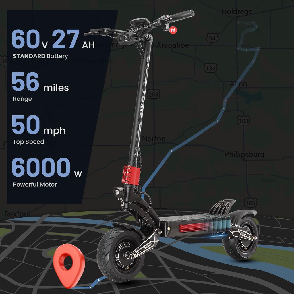 Электросамокат YUME Raptor высокой мощности, два двигателя по 3000 Вт, аккумулятор 60 В 27 Ач, запас хода 90 км, 11-дюймовые шины, гидравлические тормоза, два порта для зарядки