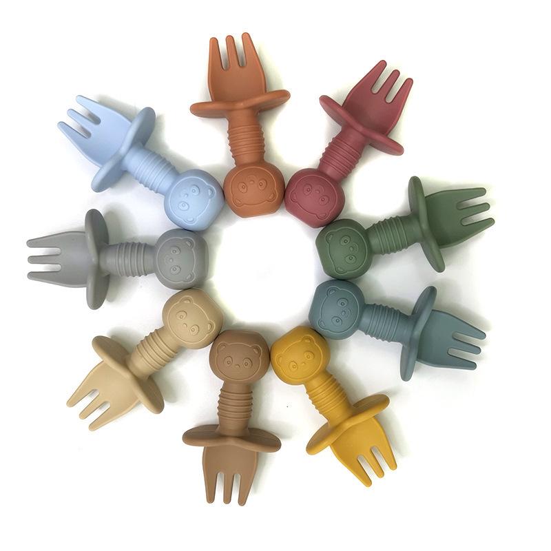 Cartoon Little Bear Silicone Fork and Spoon Set for Children's Eating Training