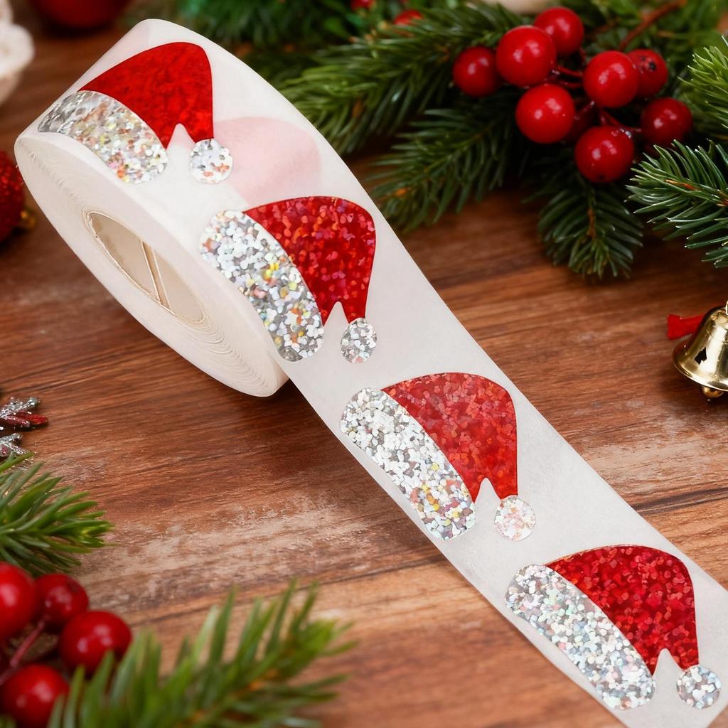 Santa Hat Stickers 500 Pieces Christmas Adhesive Stickers Holiday Invitation Decals For Holiday Home Gathering Party School Kids