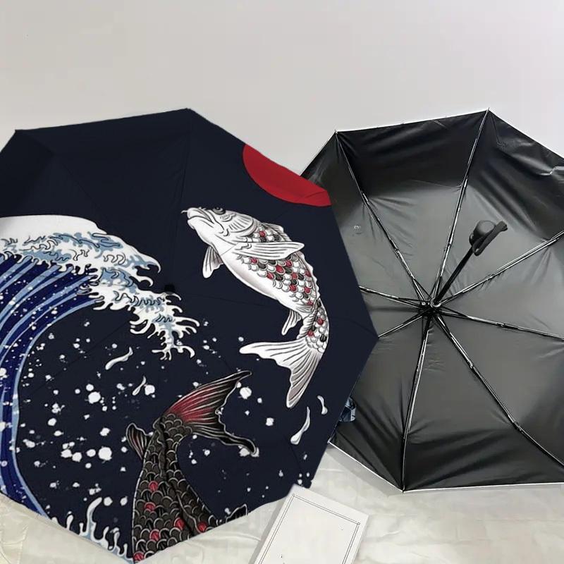 1pc Koi Fish Swimming Against the Current Umbrella with Plastic Handle,Suitable for All Seasons Home Travel Outdoor UmbrellaDD549