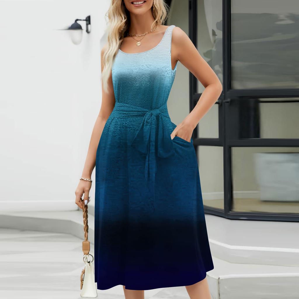 Летние платья для женщин 2024, пляжные свободные с круглым вырезом, без рукавов, миди-трапеции, распашное платье, сарафаны с карманами