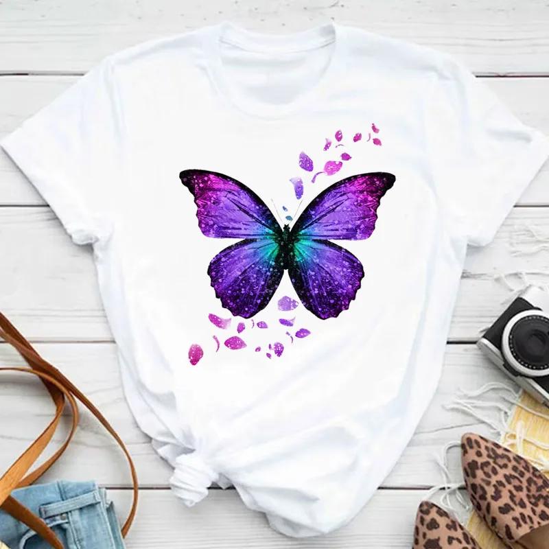 Women's Colorful Butterfly Petal Print T-shirt Short-sleeved Round Neck Cute Graphic Top