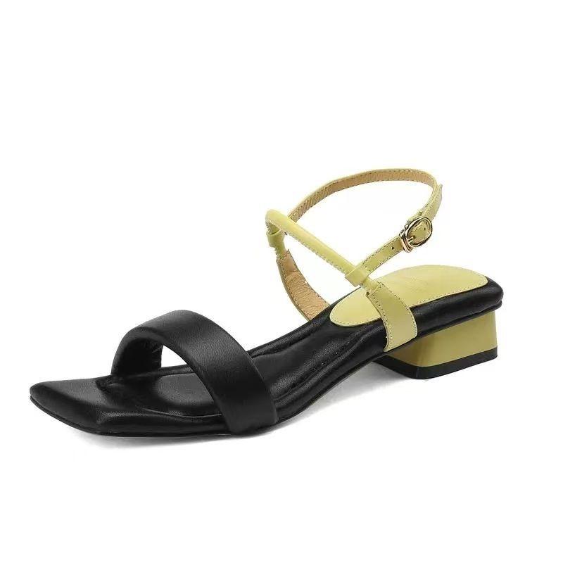 Мода 2025 Новые летние сандалии с квадратным носком, на низком каблуке, универсальные, с одной перемычкой, женские, на толстом каблуке, с мягкой подошвой, с чувством дизайна