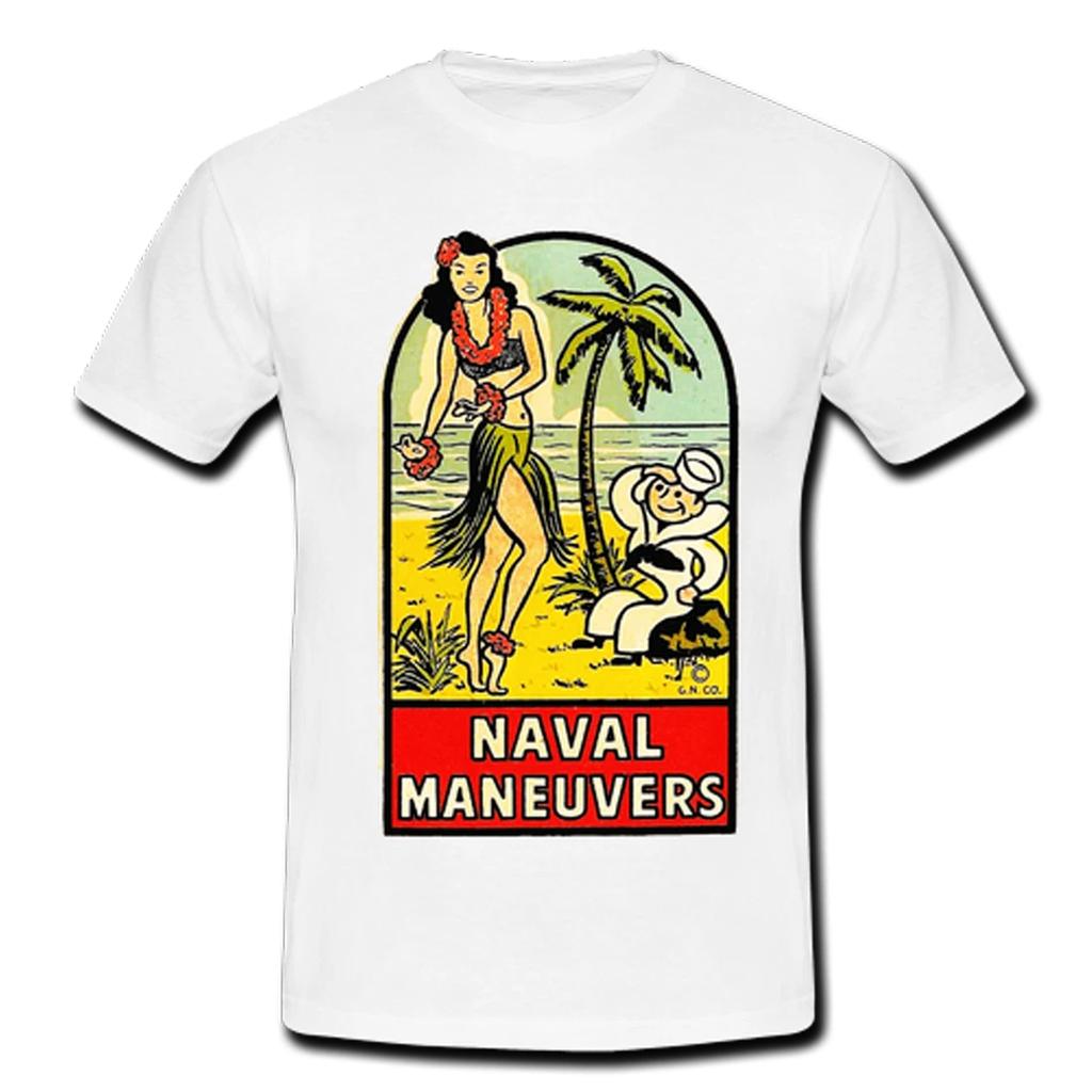 Mens Retro Surf T-shirt Tops Tees Unisex White Naval Maneuvers Sailor Hawaiian Hula Girl Beach