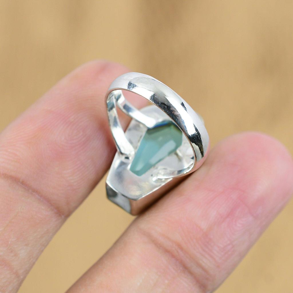 Swiss Blue Topaz Gemstone 925 Silver New Coffin Handcrafted Ring Jewelry Size 8