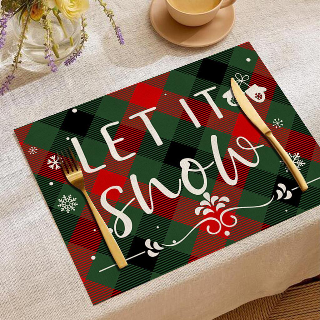 Christmas Xmas Snowflake Table Mat Red Green Plaid Holly Wreath Festive Placemat for Holiday Table Christmas Dinner Party Decor