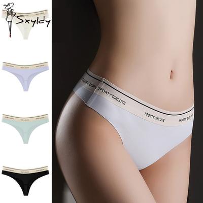 Модные хлопковые трусики с заниженной талией и буквенным принтом, женские бесшовные стринги из ледяного шелка
