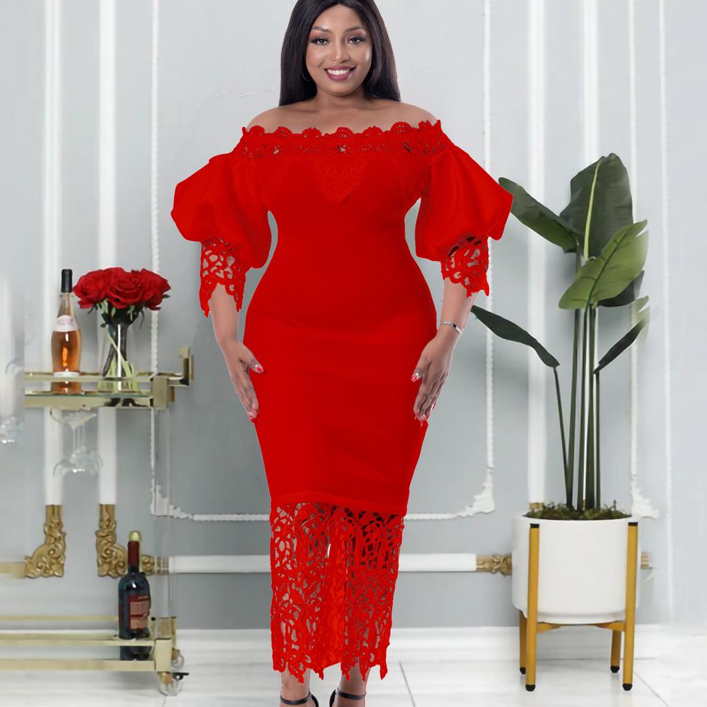 Платье без бретелек на одно плечо с запахом бедра, кружевное платье с рукавами-фонариками, большие размеры для женщин