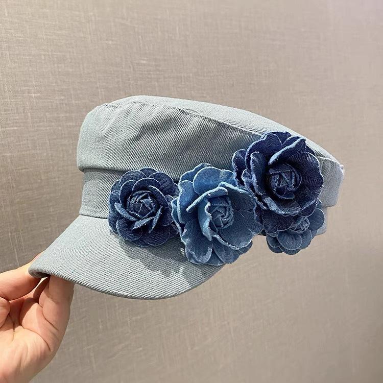 Retro three-dimensional flower denim beret women's four-season face small handmade applique versatile fashion octagonal hat