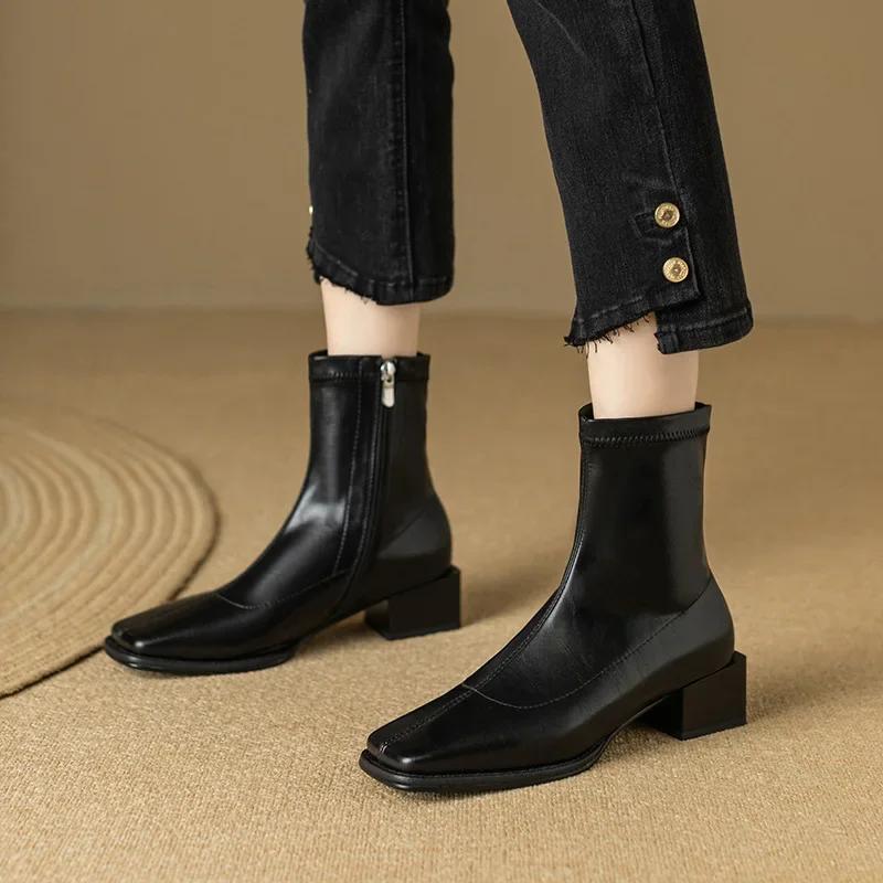 Square Toe Women Ankle Boots Thick Mid Heels Black Brown Back Zipper Dress Short Boots Autumn Winter Casual Botines for Woman