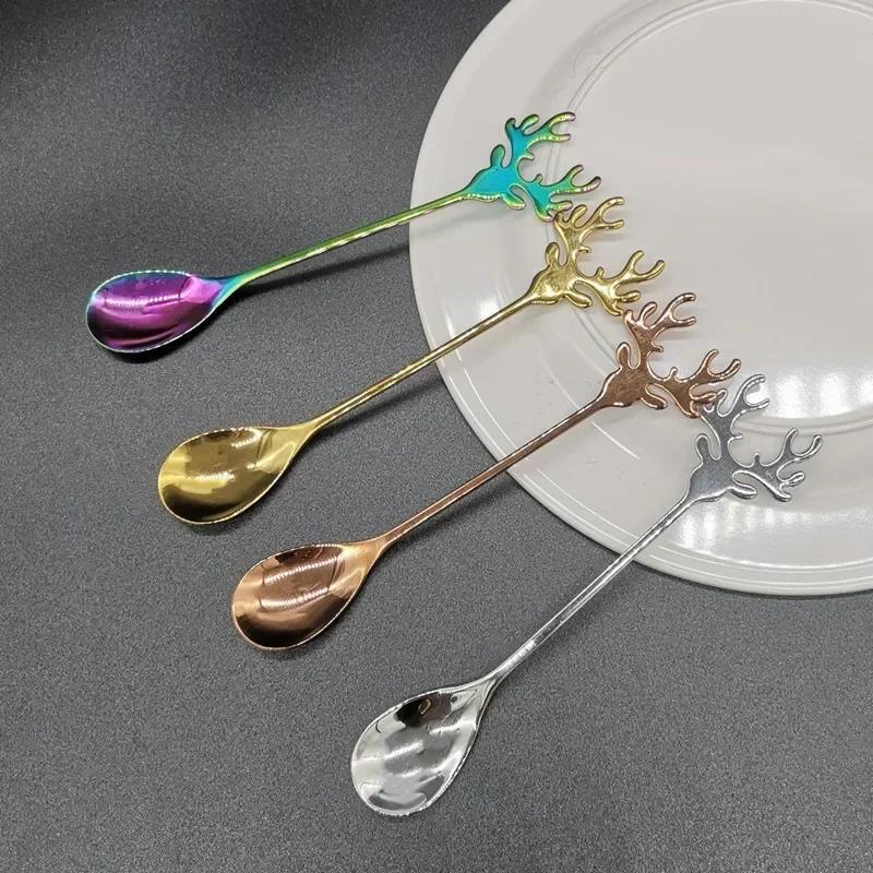 Antlers Shape Spoon Stainless Steel Coffee Dessert Spoon Ice Christmas Antlers Tea Tiny Stirring Tool Accessories