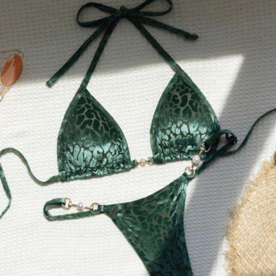 2Pcs/Set Women Sexy Bikini Set Leopard Print Halter Bra Faux Pearls Briefs