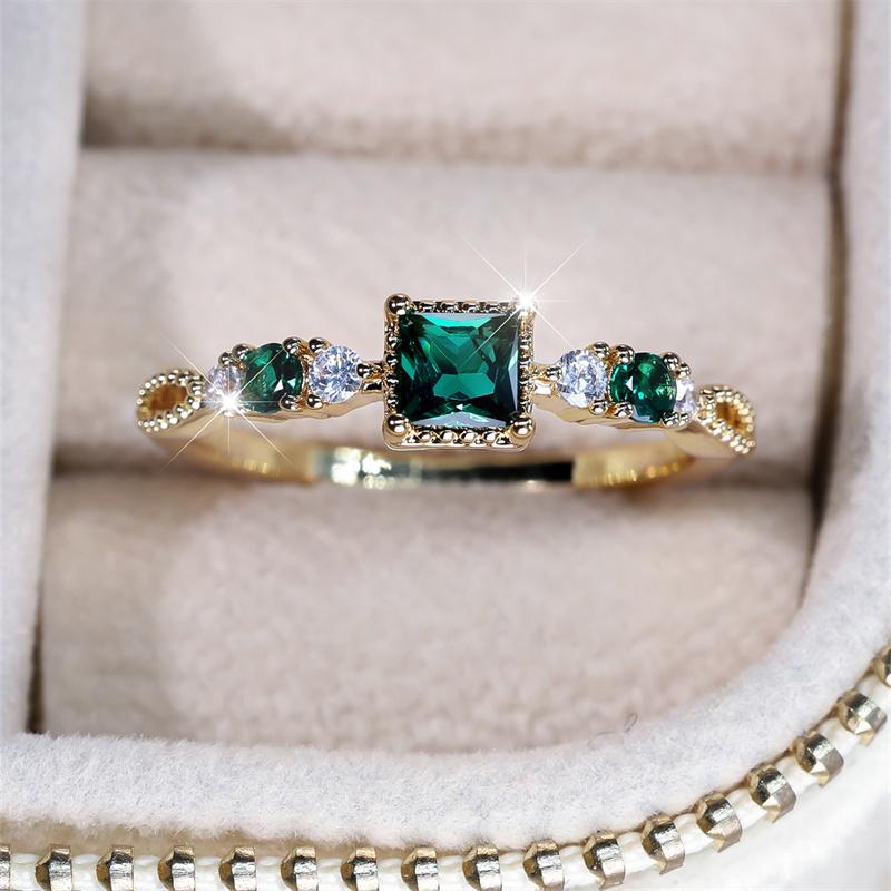 Trendy Square Green Stone Thin Rings For Women Gold Color White Zircon Stacking Wedding Bands Party Jewelry