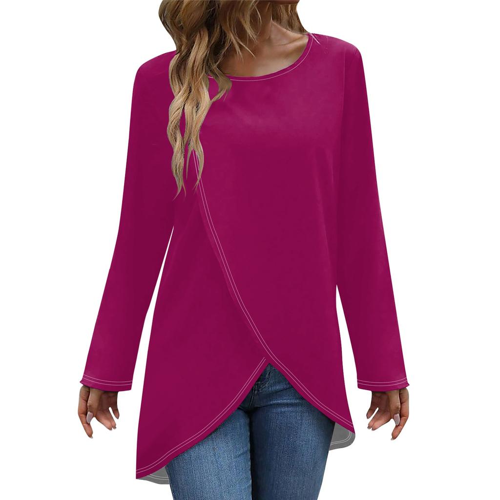 Женская модная повседневная однотонная футболка с длинным рукавом и круглым вырезом с перекрестным подолом, топ