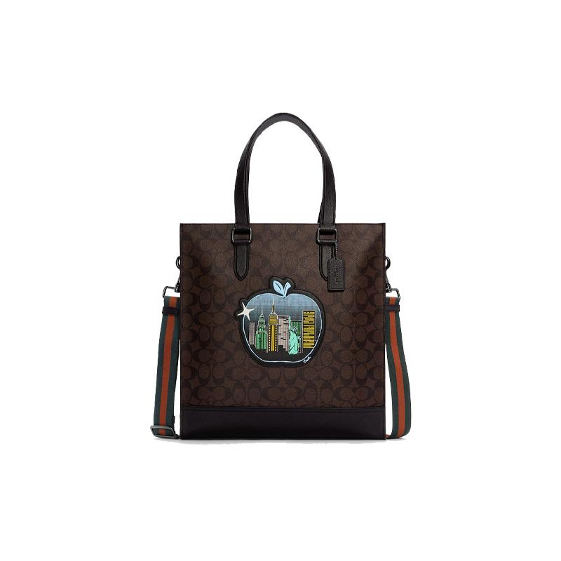 COACH Graham 35 Classic Presbyopia Print Large Capacity Vertical Leather Tote Bag Shopping Bag Crossbody Handbag Large Men's Dark Brown