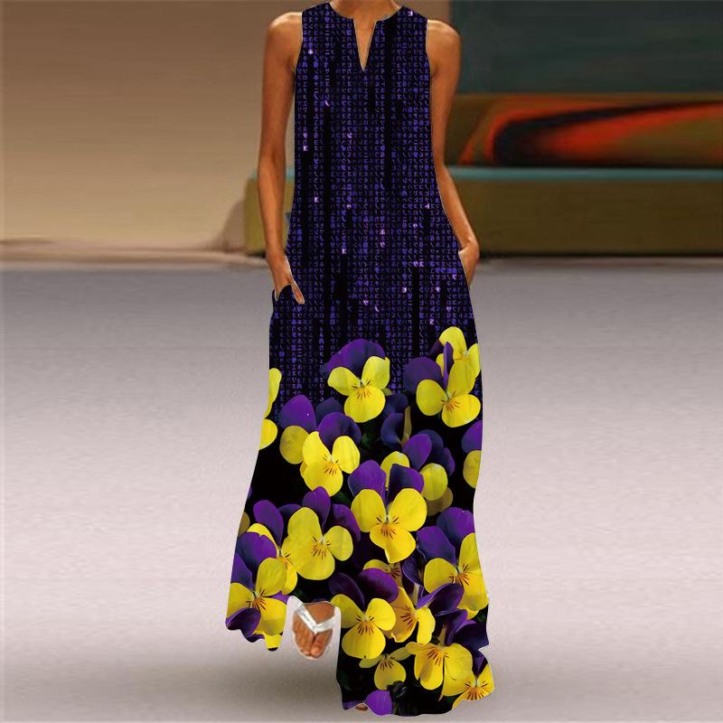2026 New Summer Women's Sleeveless V-Neck Printed Sexy Dress Long Dress European and American Women's Clothing
