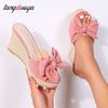 High Wedge Slippers Women Faux Suede Big Butterfly Knot Sandals Woman Summer Open Toe Slides Linen Platform Slippers High Heels
