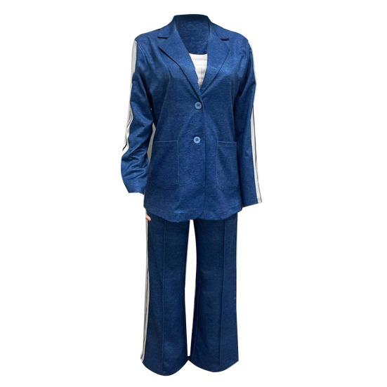 Комплект из 2 предметов: пальто и брюки, однобортный пиджак с отложным воротником и длинными рукавами, свободные полосатые брюки с широкими штанинами, повседневный наряд для поездок на работу