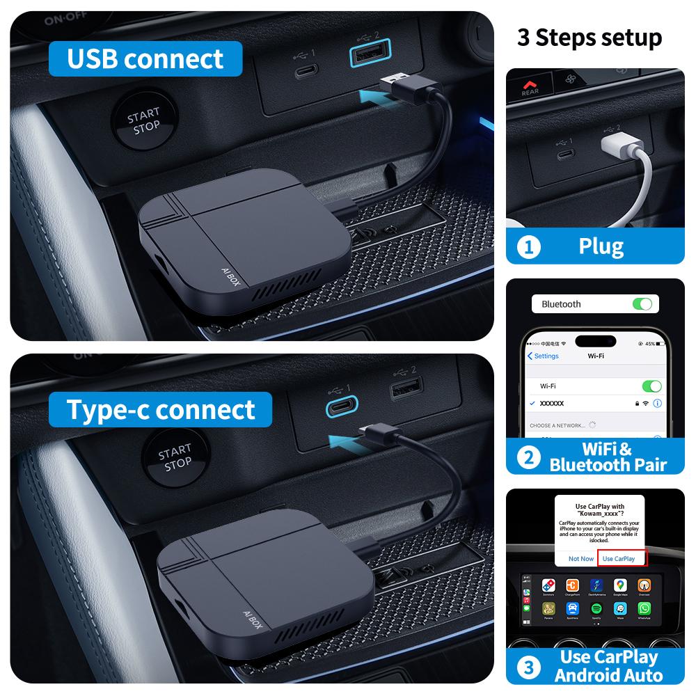 2026 Kowankit 4+32G 3 in 1 Wireless CarPlay AI Smart Box Android Auto Tv Box Netflix Youtube For Ford Benz Toyota Nissan Honda