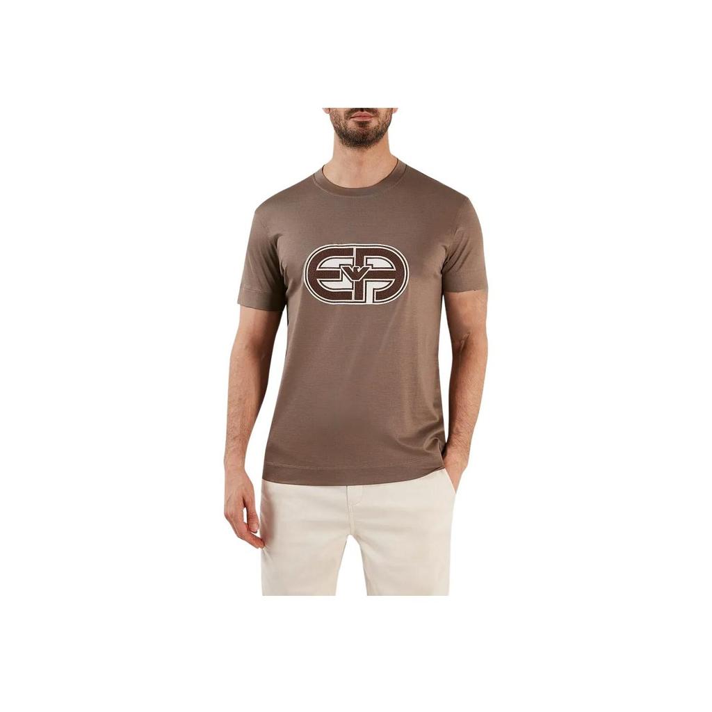 Emporio Armani Мужская футболка с вышитой нашивкой, круглым вырезом и коротким рукавом SS23, топ, хаки-коричневый, 3R1TV4-1JUVZ-0440