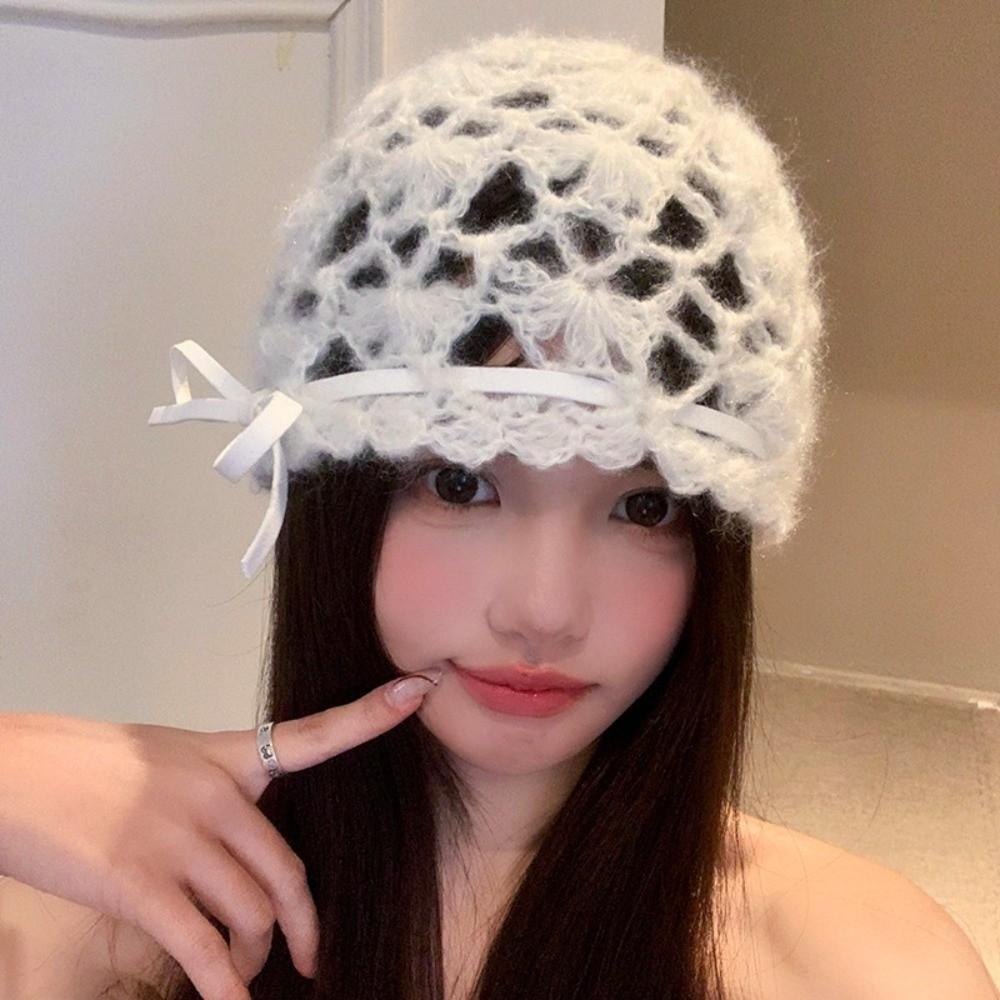 Bow Knit Beanies Strapped Ethnic Style Hat Casual Crochet Hollow Knitted Hat  Apparel Accessories