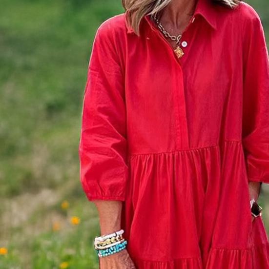 Women's 3/4 Sleeve Maxi Dress Button Up Lapel Swing Dress with Pockets A-line Ruffles Tiered Beach Sundress