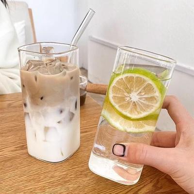 Стеклянная кружка для воды INS, квадратная термостойкая кружка для кофе с крышкой, соломинка, прозрачная стеклянная кружка для молока, чашки для чая с пузырьками, барная посуда для сока и напитков