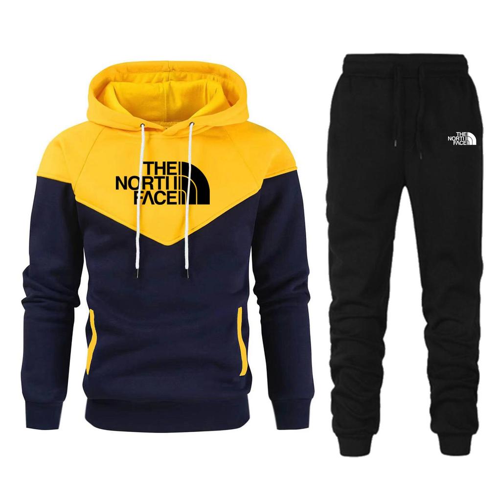 Autumn 2024 New Yellow Sportswear Tracksuits Men's Casual Plushed Warm Hoodie Set Color Matching Brand 2 Piece Set