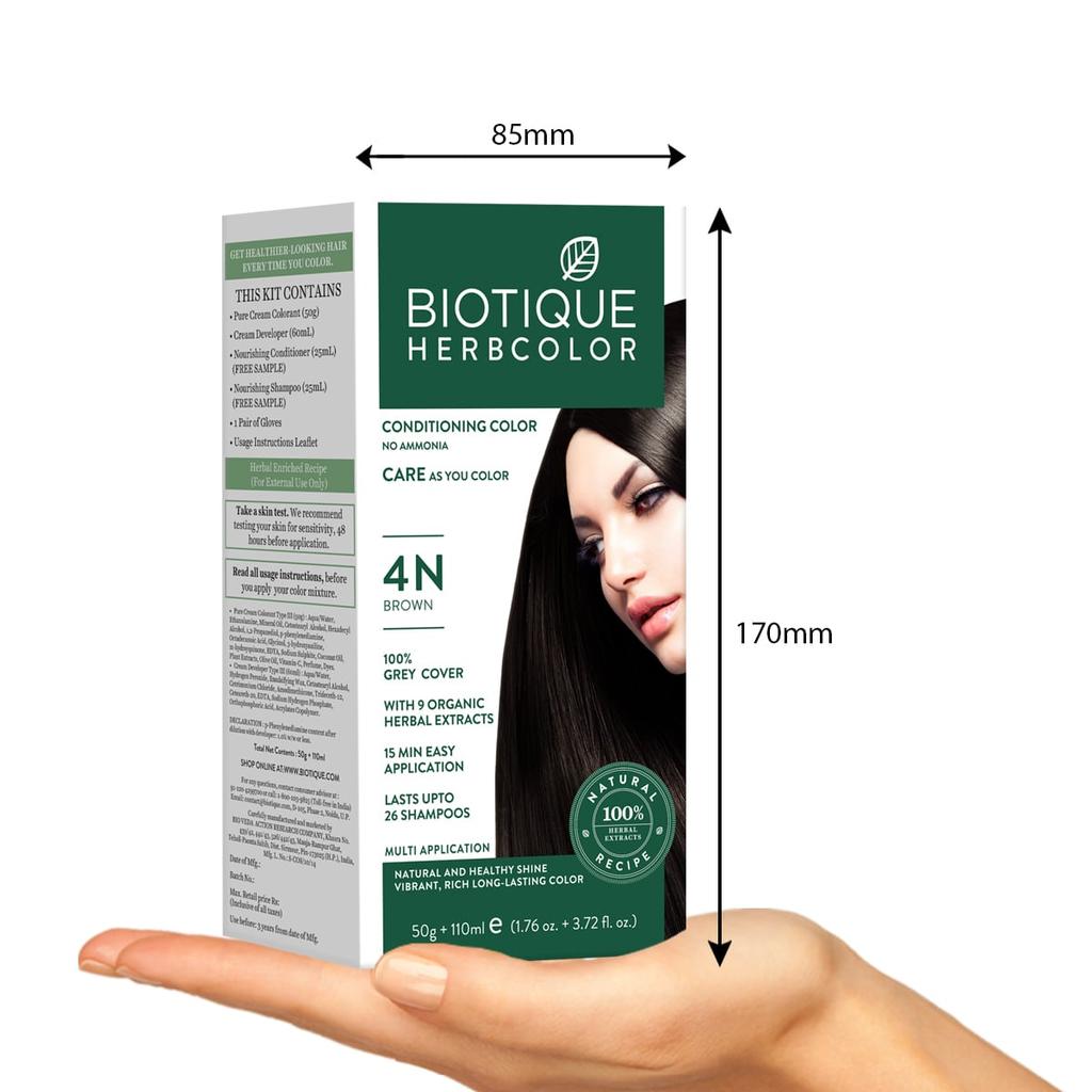 Biotique Herbcolor Ammonia Free Hair Color 50g + 110ml | Organic Herbal Extracts | Natural Shine | Grey Coverage | Lasts 26 Washes | Brown 4N
