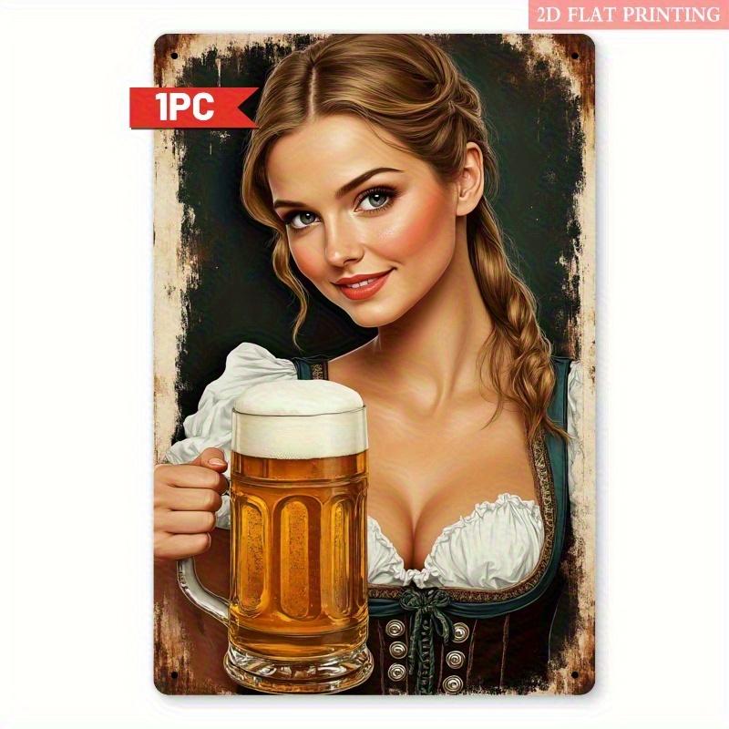 Винтажная немецкая пивная дева Металлическая жестяная вывеска Баварский паб Декор с традиционными косами Кружка для пива Ретро Октоберфест Настенное искусство