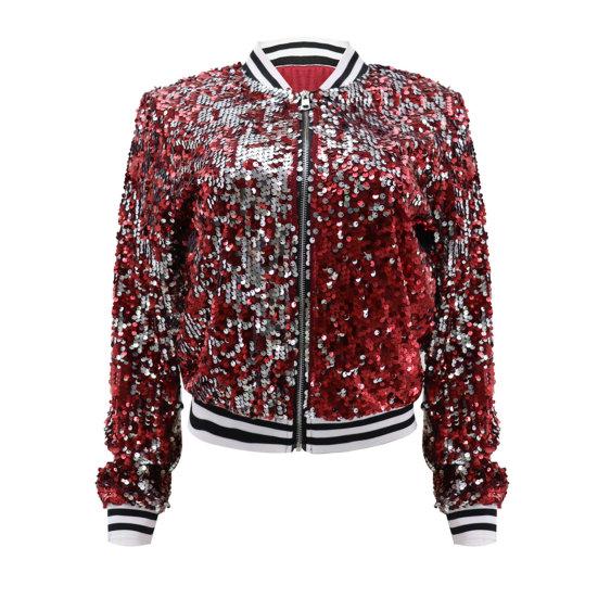 Women Jacket Shiny Sequin Long Sleeve Stand Collar Striped Loose Zipper Closure Elastic Cuff Stage Performance Emcee Coat