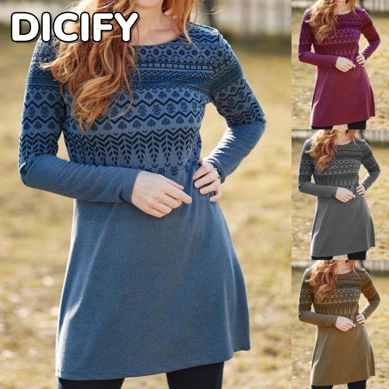 DICIFY Женская мода осень-зима с длинным рукавом и круглым вырезом повседневные платья
