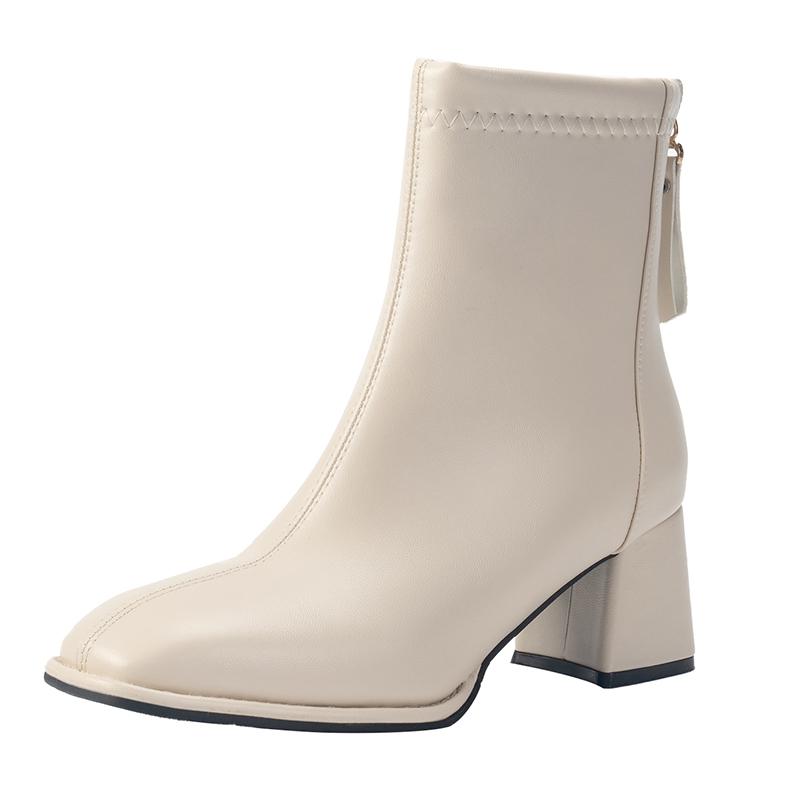 Block Heel Booties Women's New Autumn and Winter Plus Fleece Square Toe French High Heel Skinny Boots