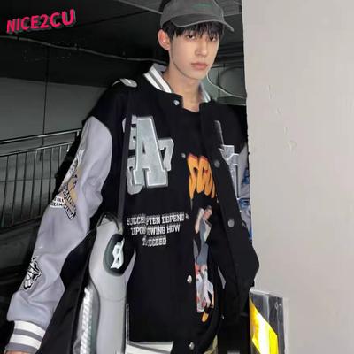 Хип-хоп Мужские лоскутные куртки с вышивкой букв Harajuku Куртка-бомбер Корейская уличная одежда Негабаритные свободные бейсбольные пальто из искусственной кожи для подростков