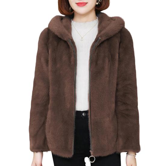 Women Winter Coat Double-sided Thick Cozy Plush Hooded Long Sleeves Zipper Closure Solid Color Cardigan Loose Jacket Outerwear