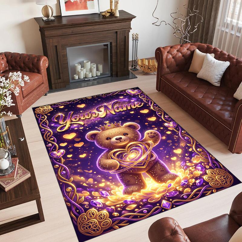 Teddy Bear Theme Crystal Velvet Rug Personalized Custom Name Text Soft Floor Mat Home Decor