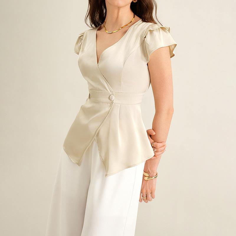 Summer Blouses for Women Slim Fit Lightweight Button Elegant V Neck Dressy Casual Ruffle Sleeve Satin Tops Fashion Clothing