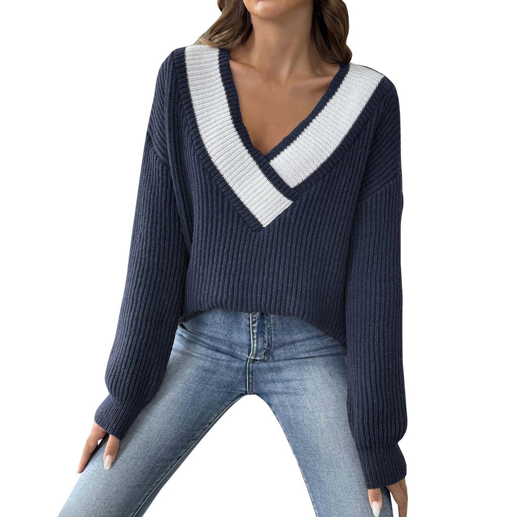 Women's Contrasting Color Patchwork Large V-neck Loose Sweater Pullover Sweater