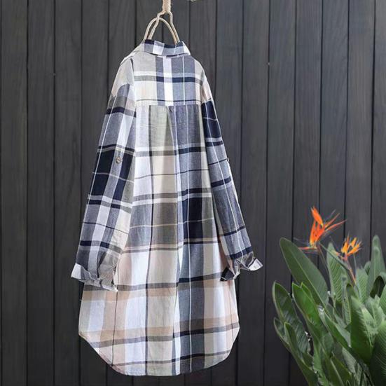 Женская рубашка с лацканами, длинным рукавом, цветной клетчатый принт, рубашка с карманом, свободный крой, однобортная рубашка средней длины