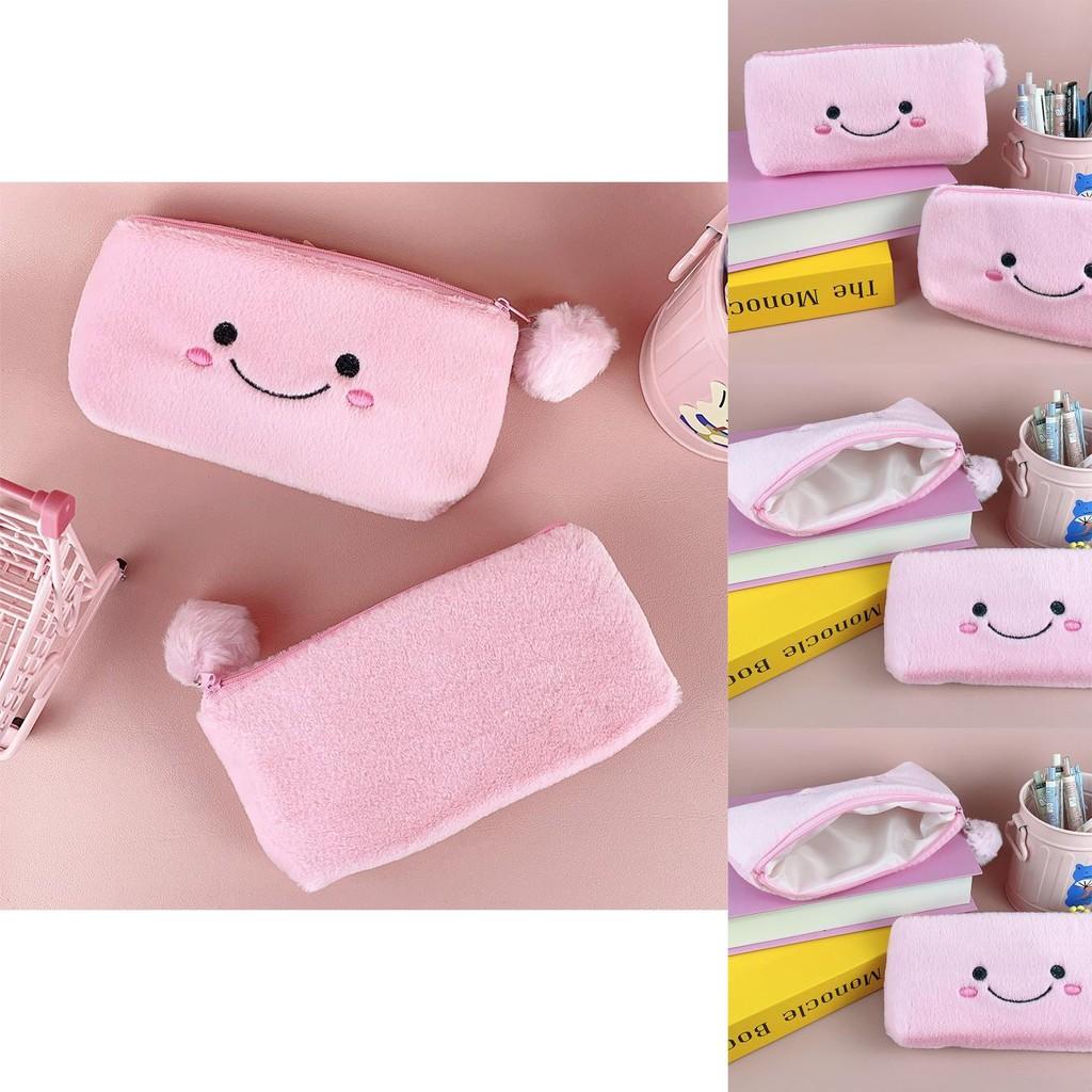 Pink Smiling Cute Pom Large Capacity Pencil Case Plush Storage Bag For Students