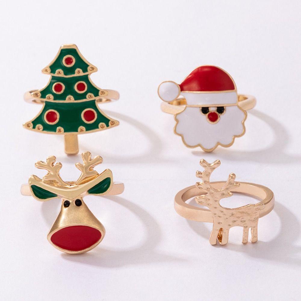 Elk Christmas Ring Set Dripping Oil Xmas Jewelry Ornaments Creative Enamel Santa Claus Ring Friend