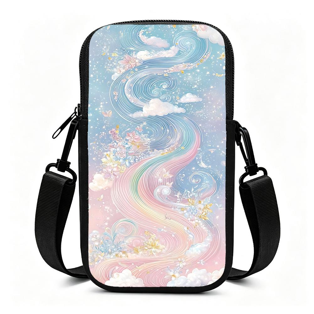 Dreamy Pastel Rainbow Cloud Floral Crossbody Phone Bag, Magical Sky Aesthetic Mini Shoulder Purse, Festive Holiday Party Gift Travel Accessories