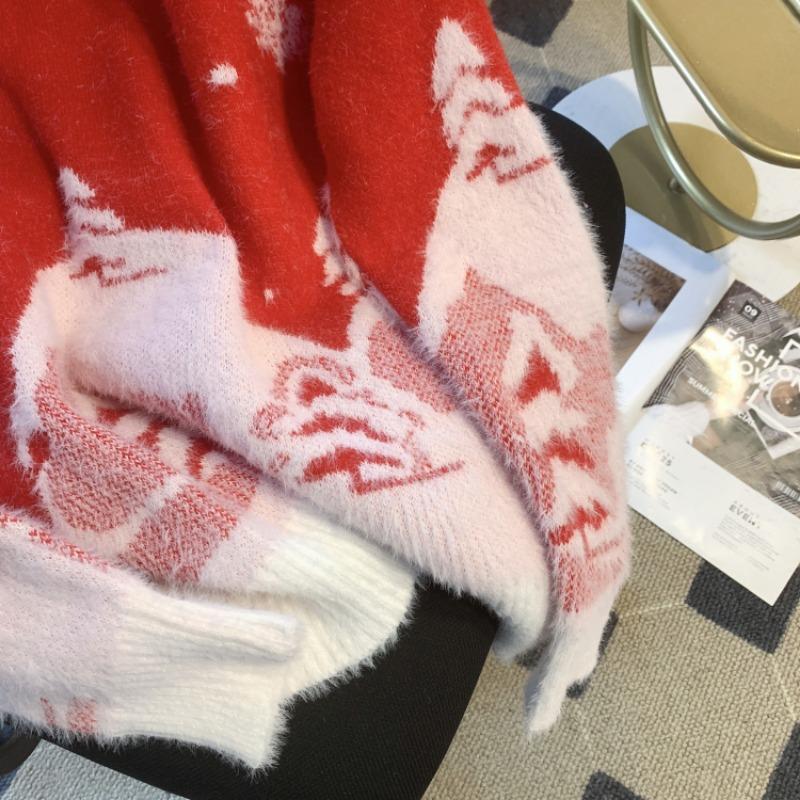 Winter New Cute Print Loose Christmas Pullovers Sweater Women Tops O Neck Long Sleeve Vintage Knitted Sweater Woman Casual Fashion Lady Jumpers 25513