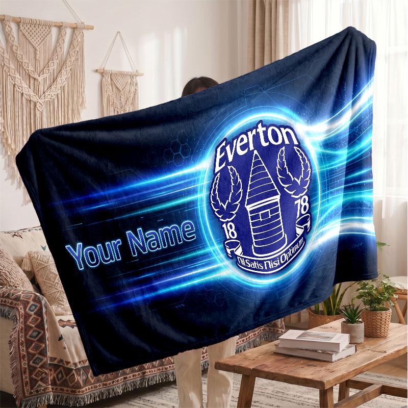 Everton FC Personalized Fleece Blanket With Football Logo, Custom Name Text Soft Warm Home Throw Blanket