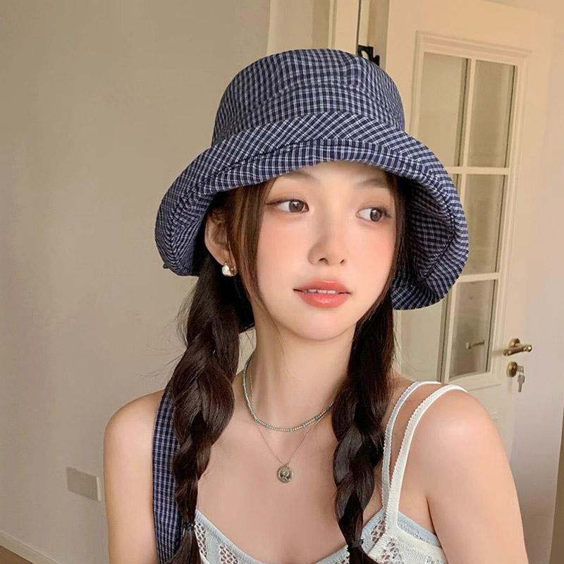 Korean Plaid Bucket Hats for Women Summer Foldable Fisherman Cap Outdoor Big Brim Sun Protection Basin Caps